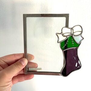 Christmas Stained Glass Picture Frame Wall Hanging Stocking Holly Berries